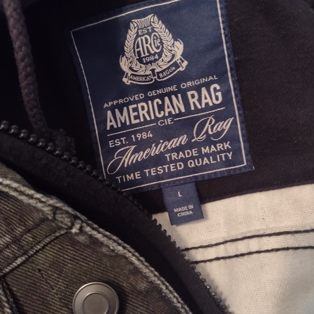 American Rag camo, jean jacket w/ hood